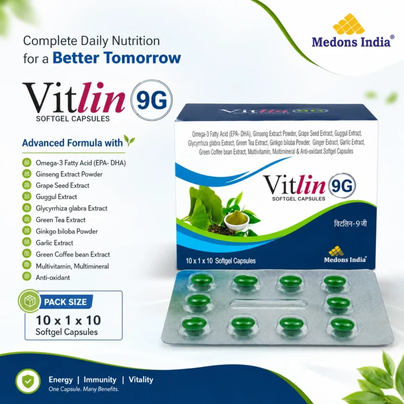 Omega-3 Fatty Acid (EPA-DHA), Ginseng Extract Powder, Grape Seed Extract, Guggul Extract, Glycyrrhiza glabra Extract, Green Tea Extract, Ginkgo biloba Powder, Ginger Extract, Garlic Extract, Green Coffee bean Extract, Multivitamin, Multimineral & Anti-oxidant Softgel Capsules