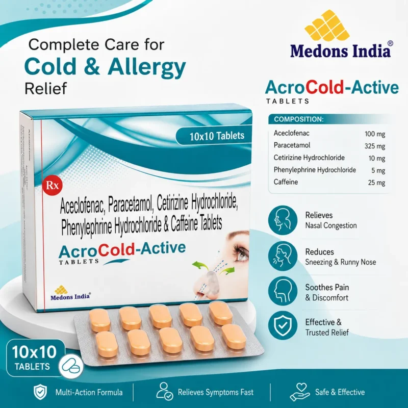 Aceclofenac, Paracetamol, Cetirizine Hydrochloride, Phenylephrine Hydrochloride & Caffeine Tablets